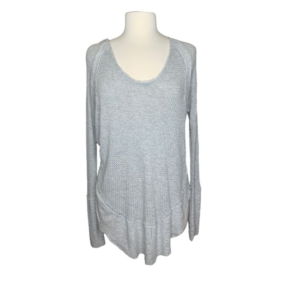 Free People Waffle Knit Boho Distressed Oversized Top Grey XS Long Sleeve - Picture 1 of 8